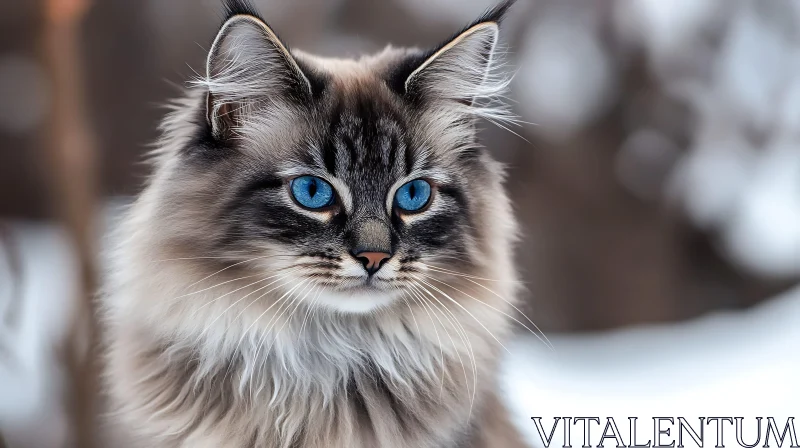 Fluffy Cat with Blue Eyes in Snowy Setting AI Image