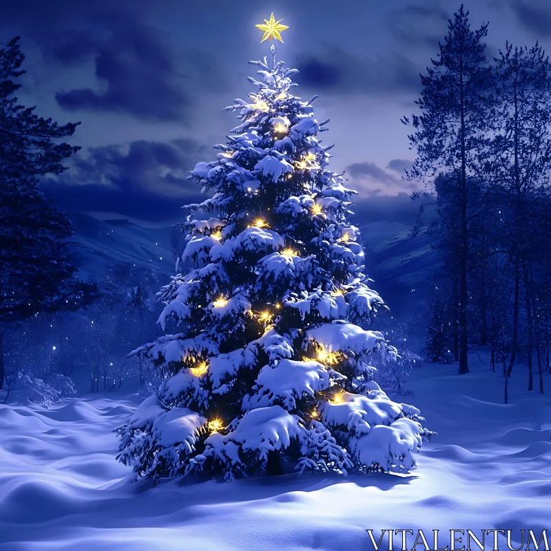 Enchanting Moonlit Christmas Tree in Winter Landscape AI Image