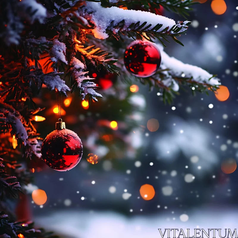 Christmas Tree Adorned with Red Ornaments and Snowflakes AI Image