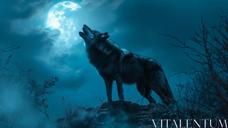 Majestic Night Scene: Wolf Howling at Moon on Rocky Hilltop AI Image