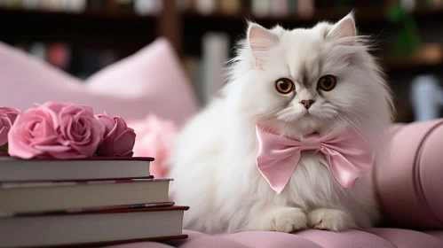 White Persian Cat on Pink Sofa with Books and Roses