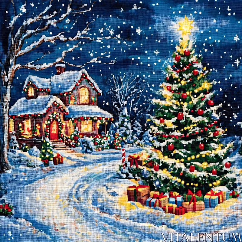 Festive Winter Night Scene with Illuminated Decorations AI Image