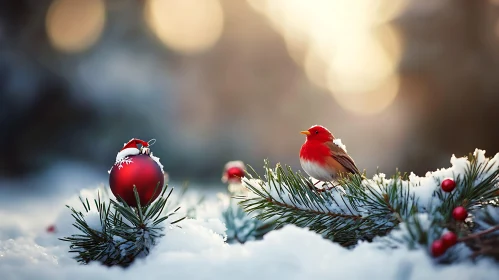 Winter Scene Featuring a Bird and Christmas Decoration