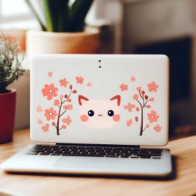 Adorable Cat and Floral Laptop Decor