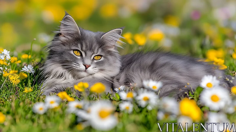 Fluffy Grey Cat Amidst Colorful Flowers AI Image