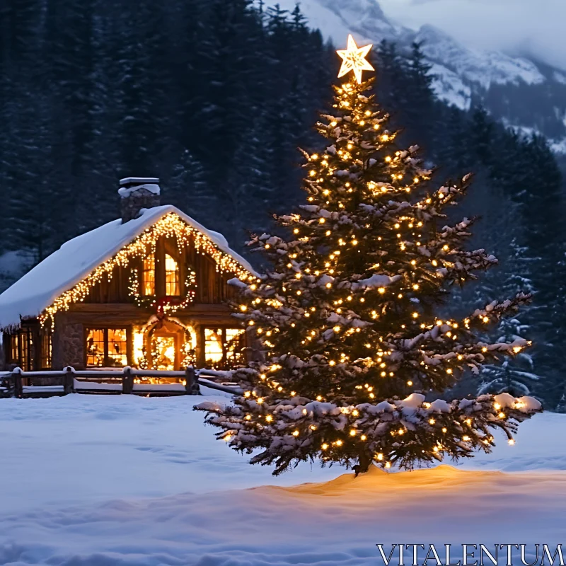 Snowy Cabin with Festive Lights and Christmas Tree AI Image