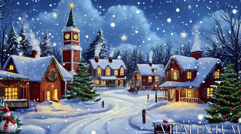 AI ART Snowy Christmas Village at Night