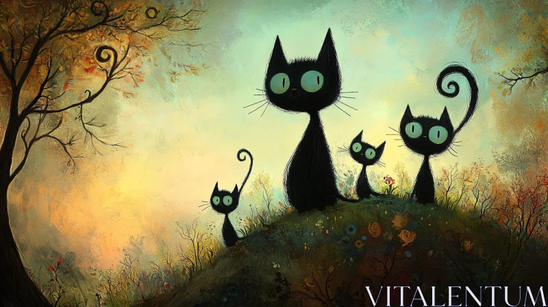 AI ART Family of Black Cats in Enchanted Autumn Scene