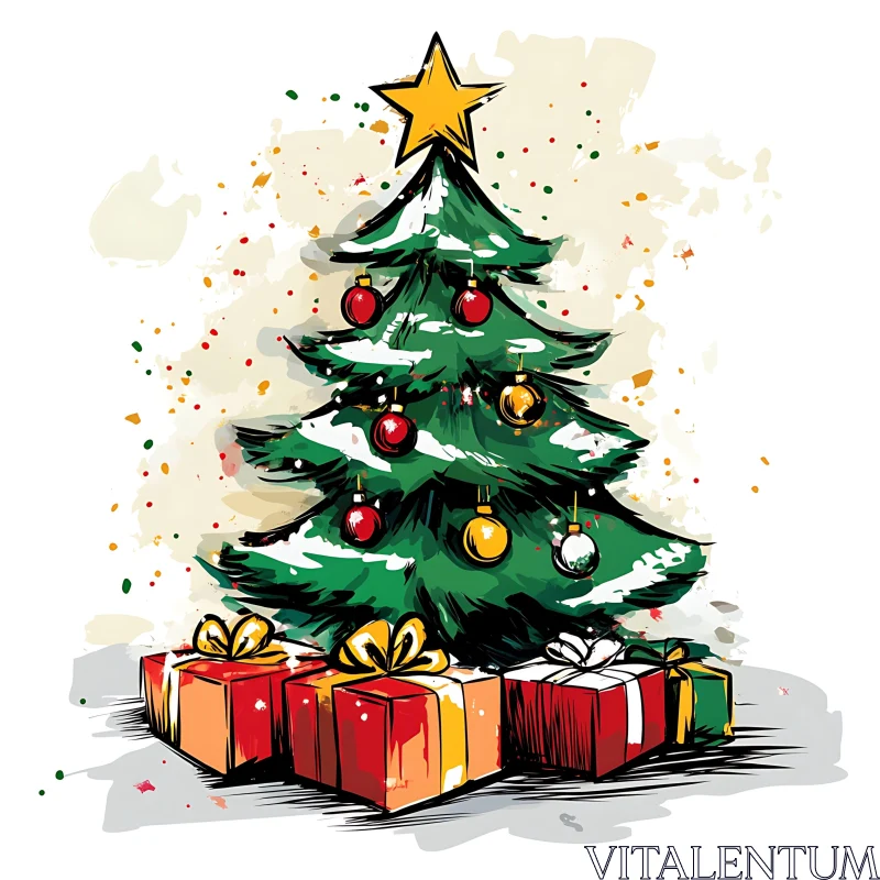 Holiday Illustrated Christmas Tree with Presents AI Image