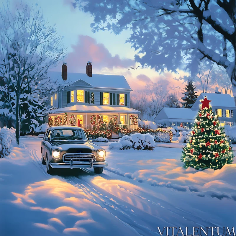 Festive Snow-Covered Home with Christmas Lights and Decor AI Image