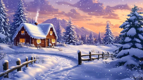 Snow-Covered Cabin in Winter Wonderland at Sunset