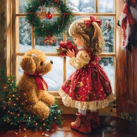 Festive Holiday Moment with Young Girl and Teddy Bear