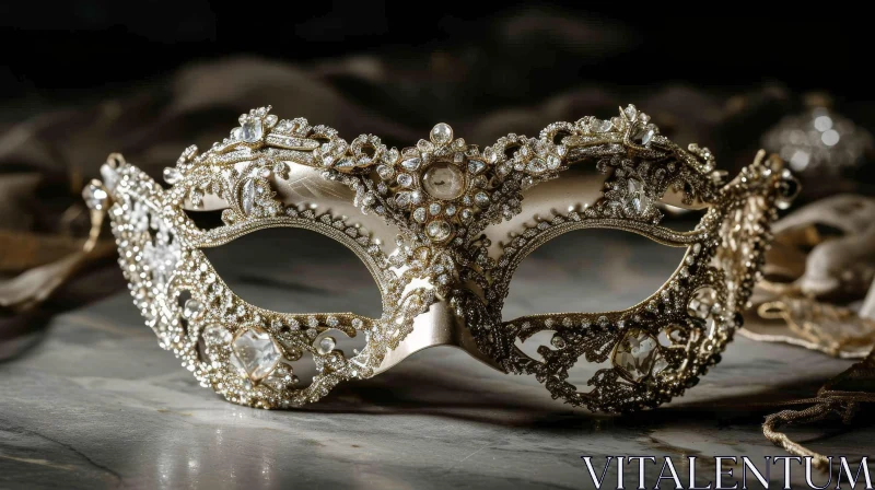 Captivating Gold Venetian Mask with Silver and Diamond Details AI Image