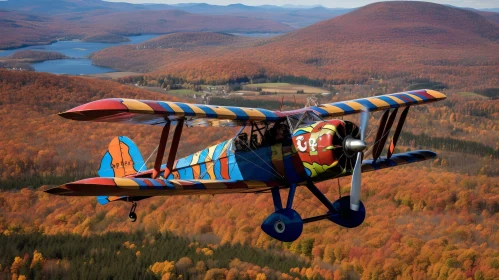 Colorful Biplane Flying Over Autumn Landscape