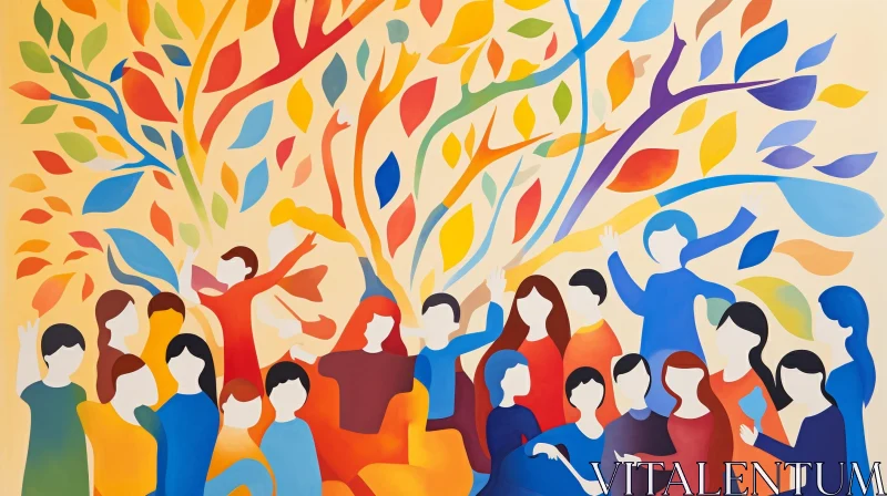 Colorful People Painting with Vibrant Tree AI Image