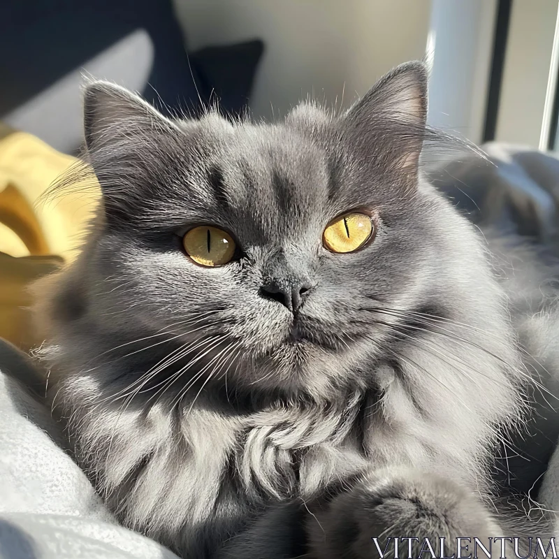 Fluffy Grey Cat with Yellow Eyes AI Image