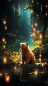 Enchanting Forest Illustration with Glowing Bear