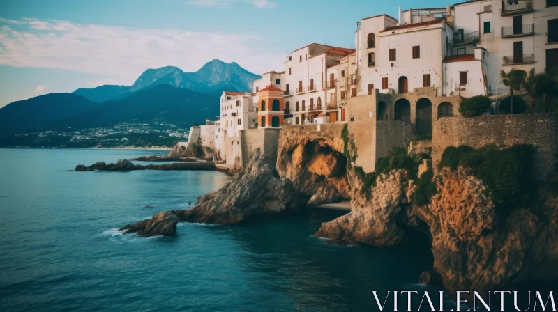 Enchanting Italian Village on Cliffs: Ocean and Mountain Views AI Image