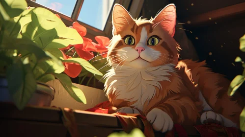 Ginger Cat on Windowsill with Flowers - Nature Scene