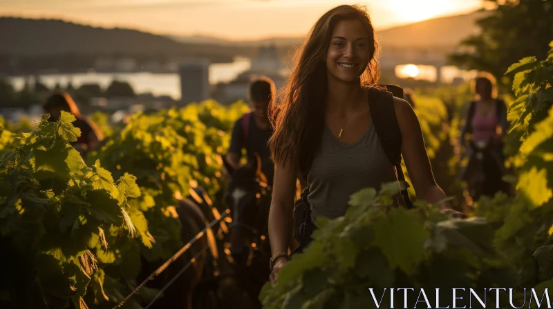 Smiling Woman Portrait in Vineyard at Sunset AI Image