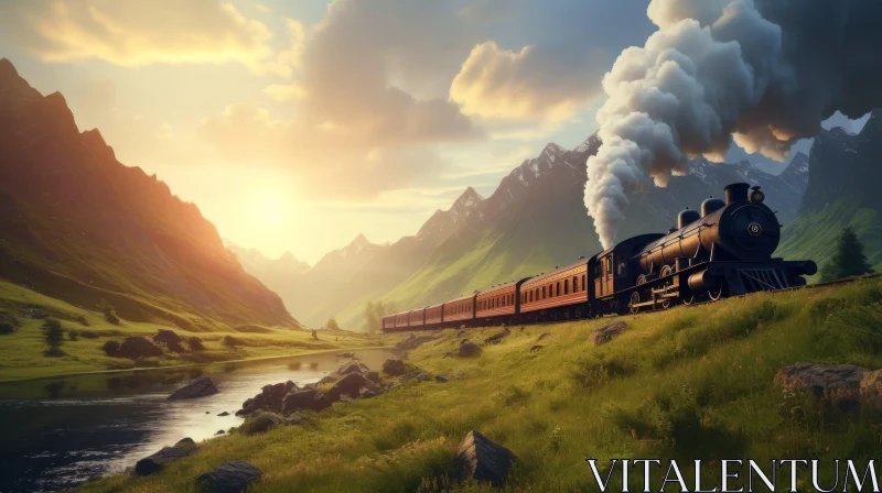 Steam Train Traveling through Mountains: Capturing the Charm of Everyday Life AI Image