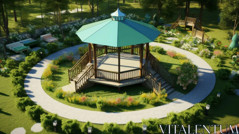 AI ART Tranquil Park Scene with Gazebo and Flowers
