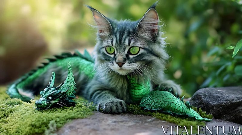 Mystical Scene of Cat and Dragon in Nature AI Image