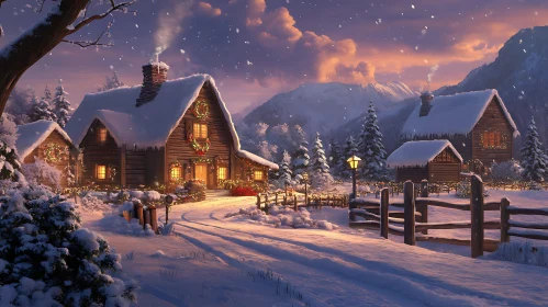 Snowy Cabin Scene at Dusk