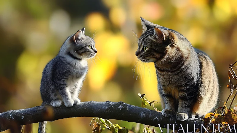 Adult Cat and Kitten on Tree Branch AI Image