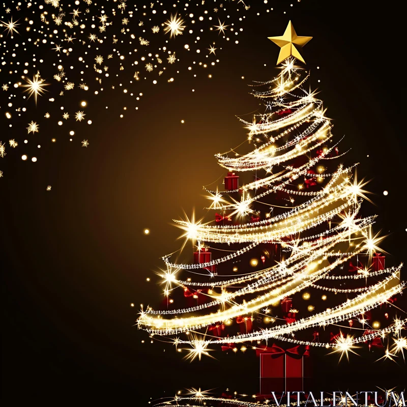 Festive Christmas Tree with Golden Lights AI Image