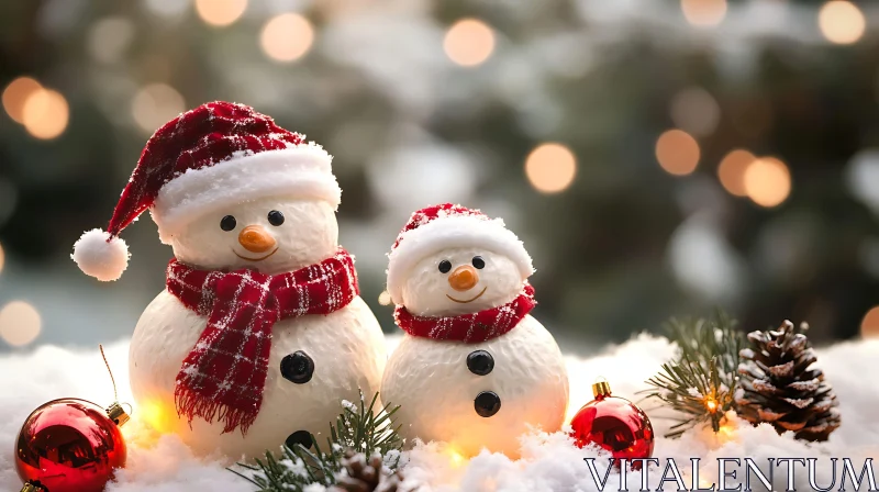 Snowmen with Santa Hats in a Holiday Setting AI Image