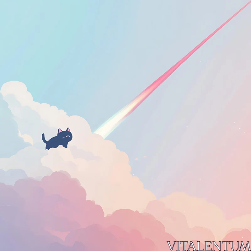 Dreamy Black Cat on Colorful Clouds AI Image