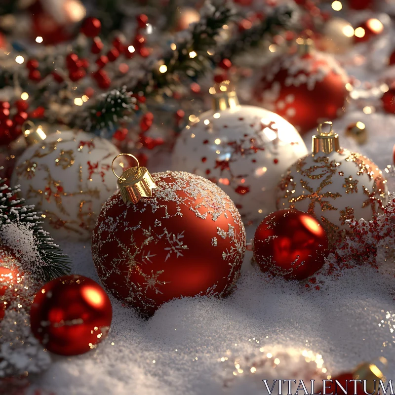 Elegant Christmas Decorations Amidst Snow AI Image