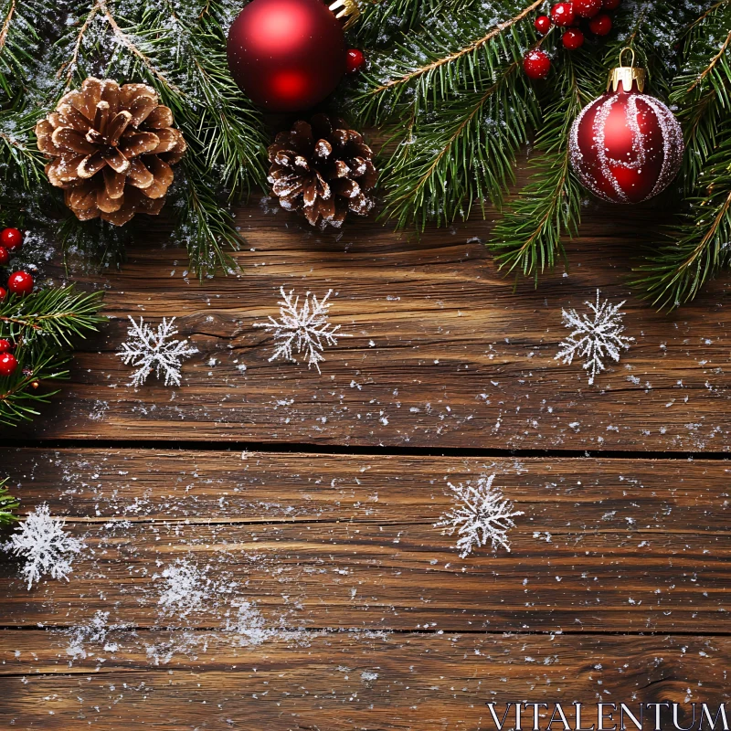 Christmas Pine Decorations with Red Baubles and Snowflakes AI Image