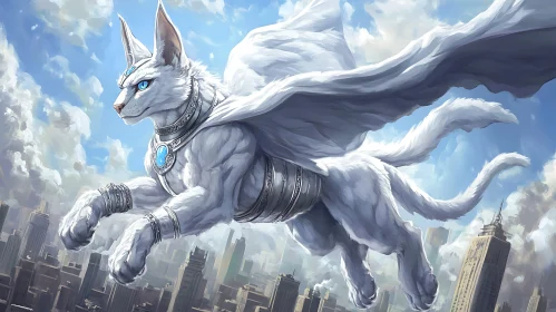 Fantasy White Cat with Blue Jewel Flying Above City