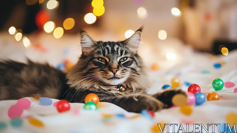 AI ART Comfortable Cat Amidst Vibrant Confetti and Cozy Lighting