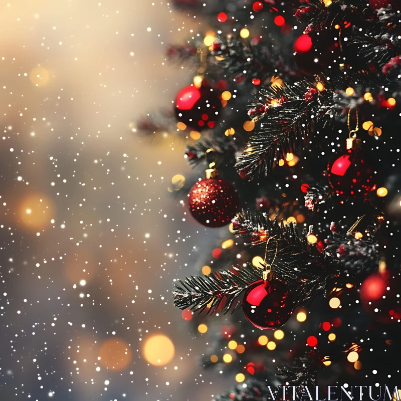 Beautiful Christmas Tree with Red Ornaments and Falling Snow AI Image