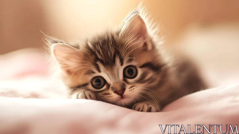 Cute Fluffy Kitten on Pink Blanket Close-Up AI Image