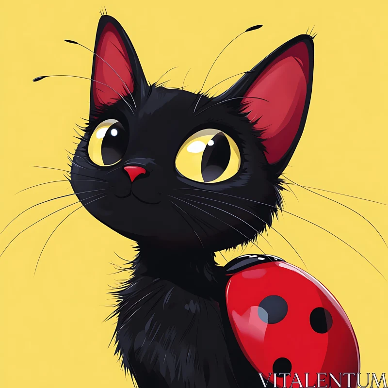 Cute Cartoon Black Cat with Ladybug Wings AI Image