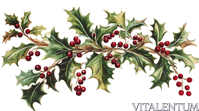 Nature-themed Holly Branch with Green Leaves and Red Berries AI Image