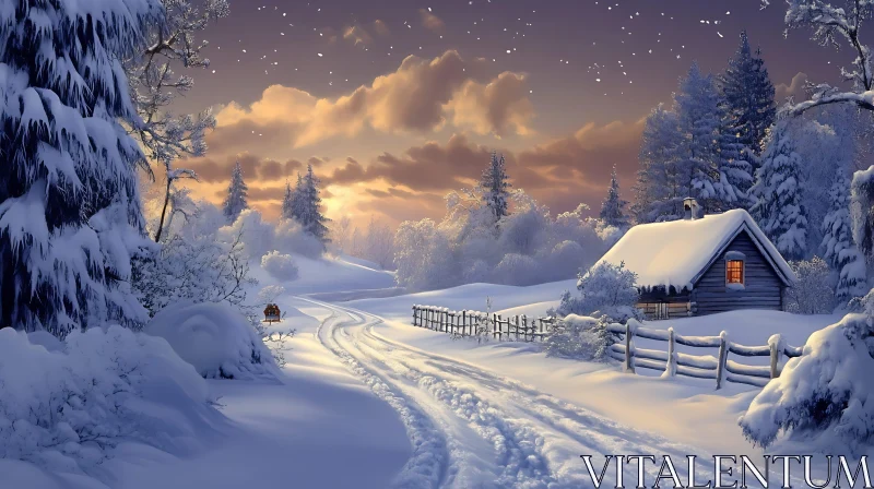 Idyllic Snowy Cabin Amidst Winter Wonderland AI Image