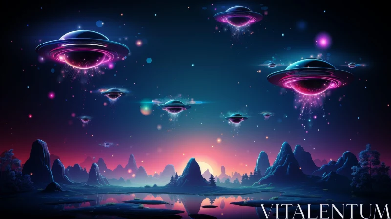 Alien Planet Landscape with Stars and UFOs AI Image