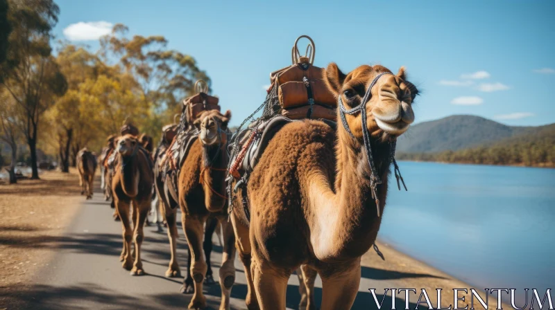 Captivating Image of Camels Walking near a Lake AI Image