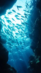 Fish Swimming in Sunlit Underwater Cave