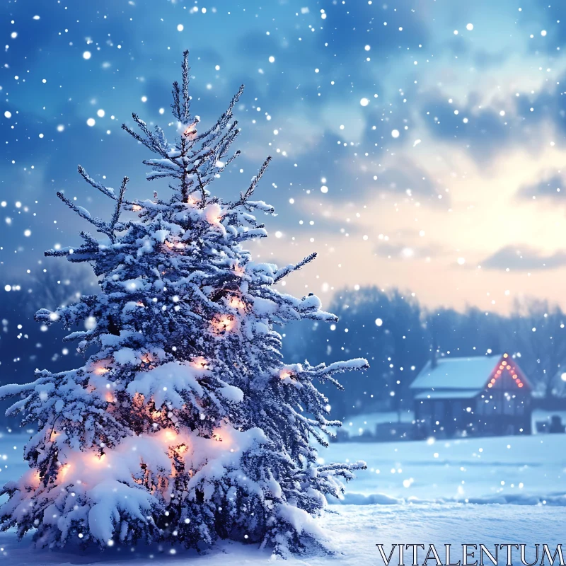 Winter Wonderland with a Lit Christmas Tree AI Image