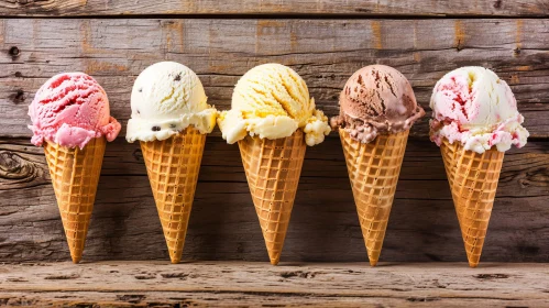 Delicious Melting Ice Cream Cones on Wooden Table