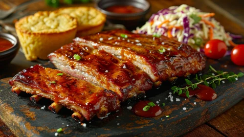Delicious Pork Ribs, Cornbread, and Coleslaw on a Wooden Table
