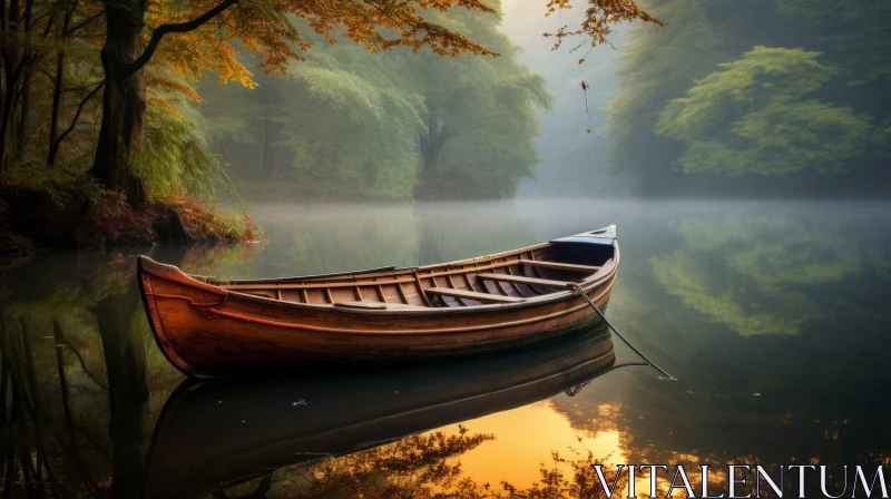 Dreamy Landscape with Wooden Boat on Tranquil River AI Image