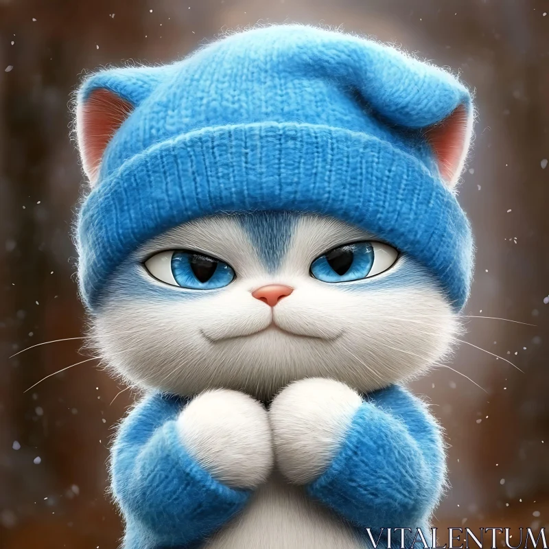 Cute Winter Cat with Blue Knitwear AI Image