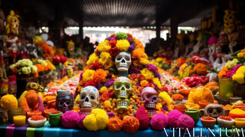 Enigmatic Skulls at a Vibrant Mexican Market | Lensbaby Composer Pro II AI Image